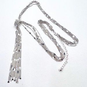 Stunning Shiny Silver Tone Y Style Tassel Multi Chain 24” Necklace